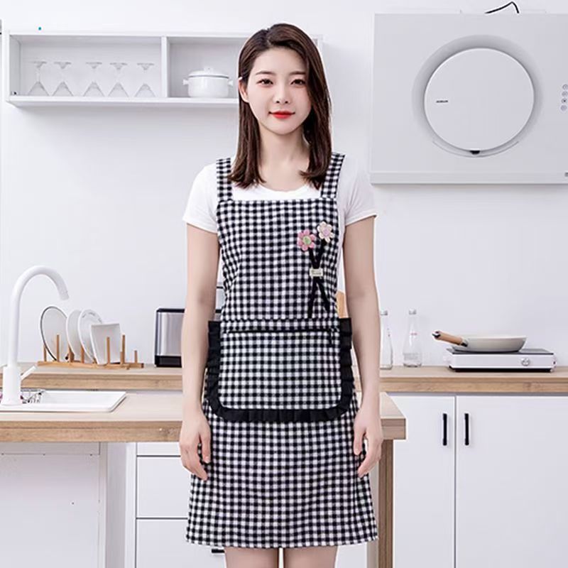 Korean-style fashionable checkered three-dimensional floral cotton apron for kitchen use, summer breathable lace zipper pocket straps for work, stylish baking