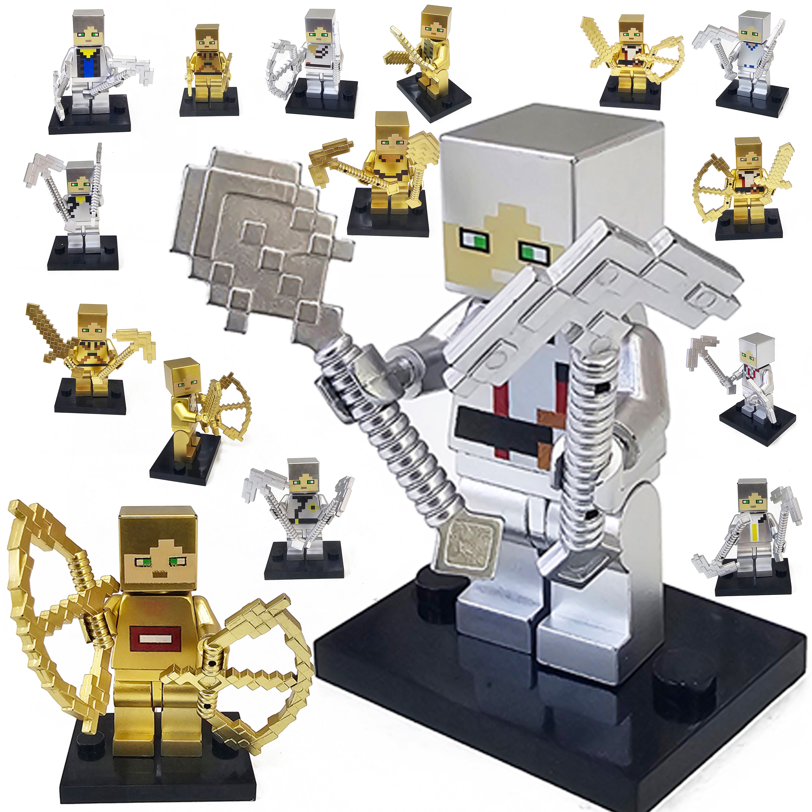 My MiniFigure world of gold and silver minifigure blocks compatible with Lego children's educational toys, factory export wholesale with weapons, gold and silver plated, 1 yuan, 24 pieces Item Picture