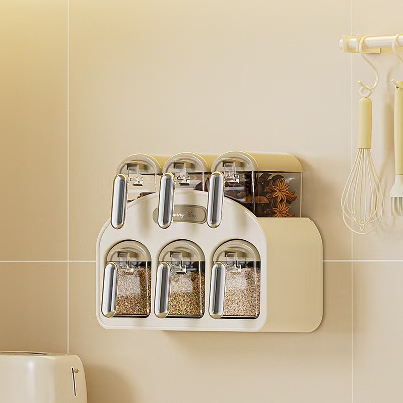 R42-2502-3 Wall-mounted kitchen seasoning box, PET seasoning jar, seasoning box with spoon, seasoning box, sealed kitchen storage box Specification image