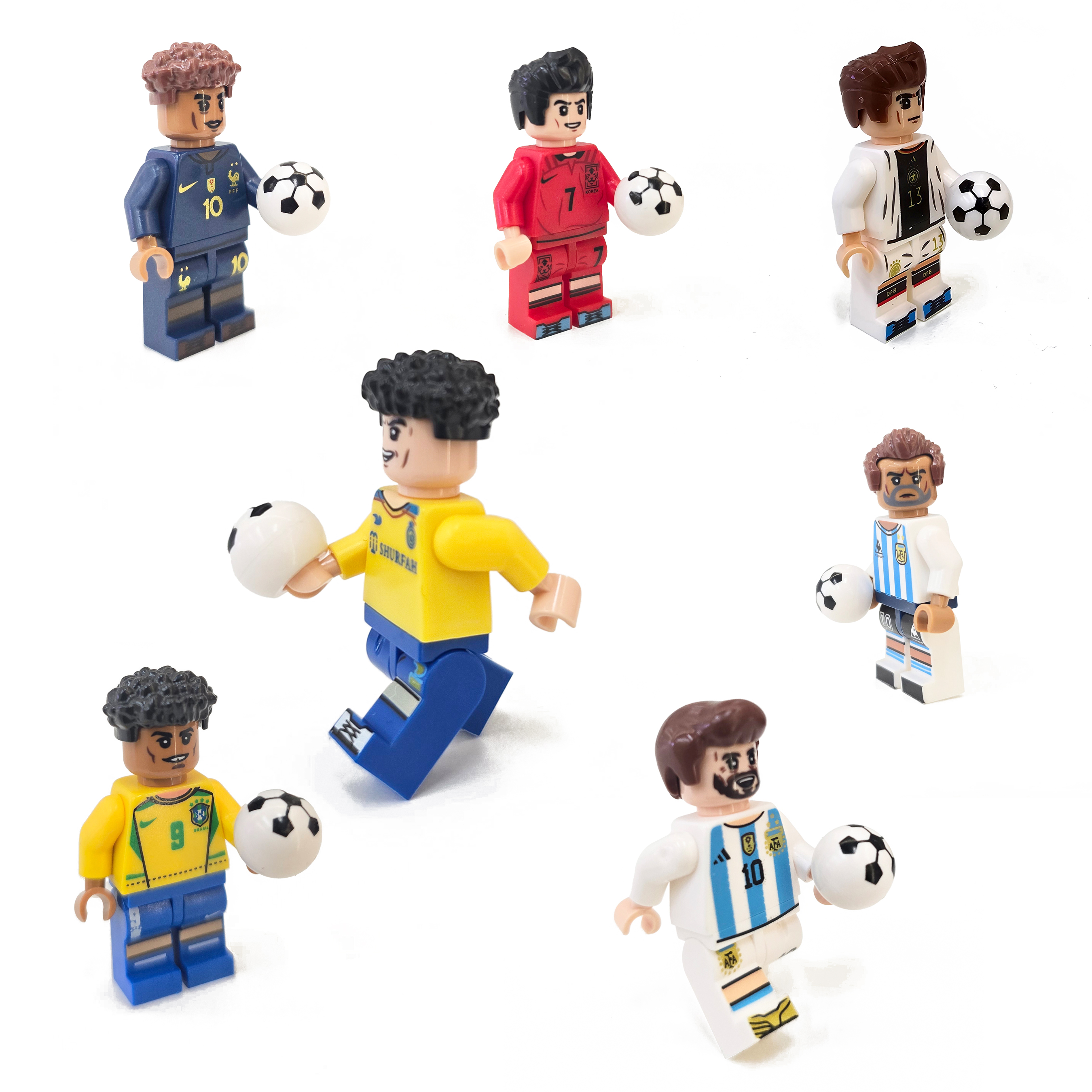 World Cup football MiniFigure building blocks compatible with Lego children's educational toys, factory export wholesale 1 yuan 20 pieces, Minifigure Beckham Ronaldo Football Item Picture