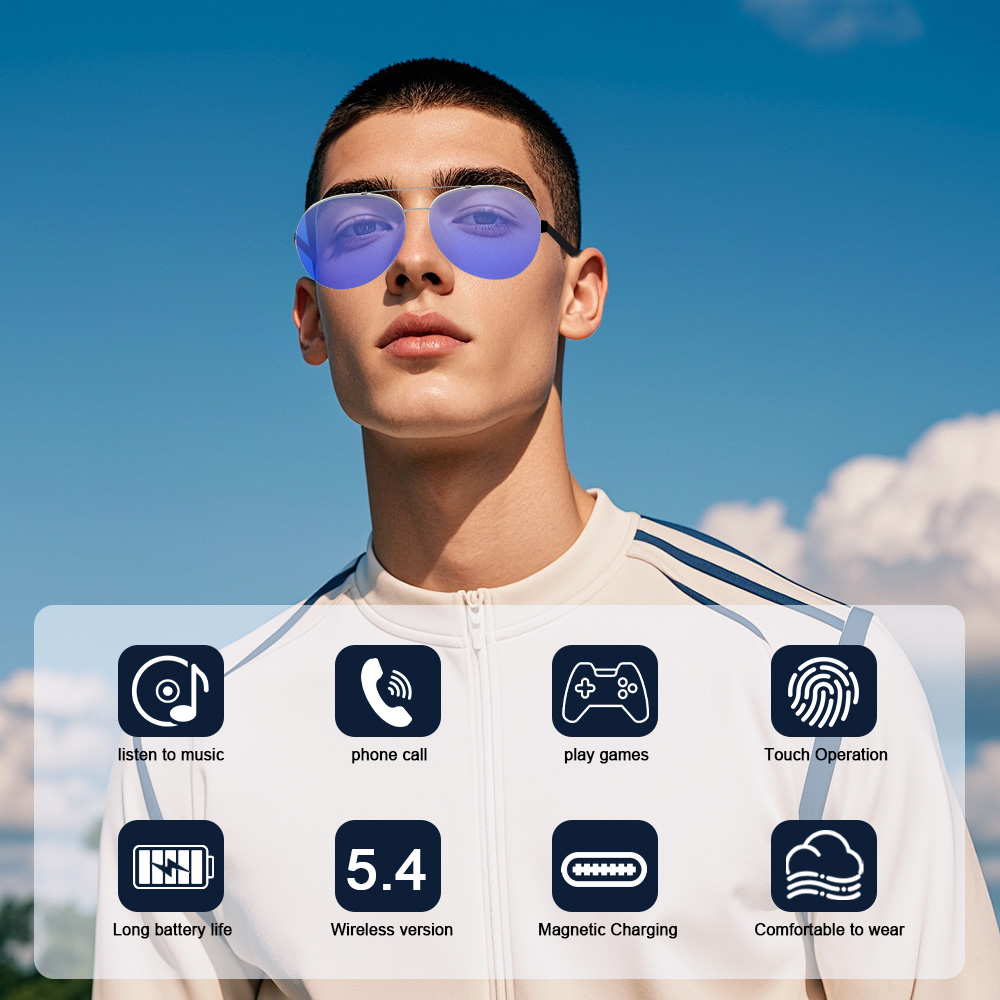 Pilot's version of smart glasses with color-changing Bluetooth connection for listening to music and answering calls Specification image