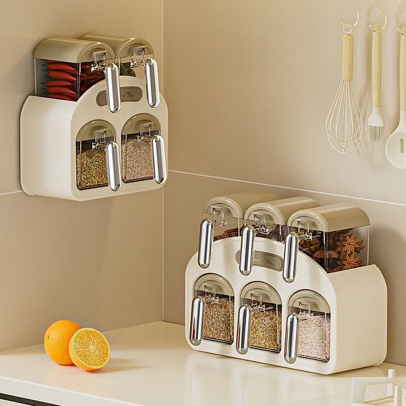 R42-2502-4 Wall-mounted kitchen seasoning box, PET seasoning jar, seasoning box with spoon, seasoning box, sealed kitchen storage box