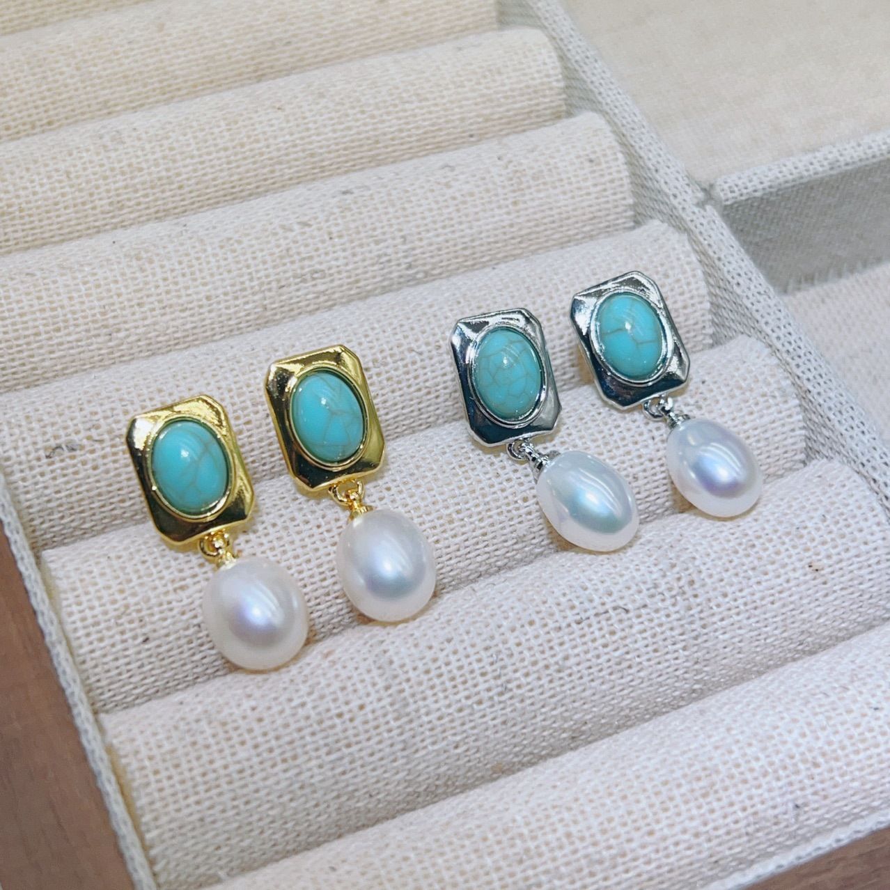Natural blue turquoise Baroque pearl stud earrings, gold-plated, simple, fashionable and elegant women's pearl necklace detail image 7