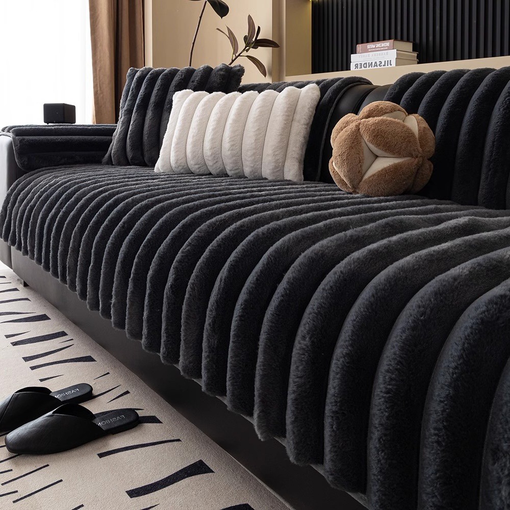 Striped rabbit plush thickened sofa cushion, winter Nordic-style fashionable sofa towel