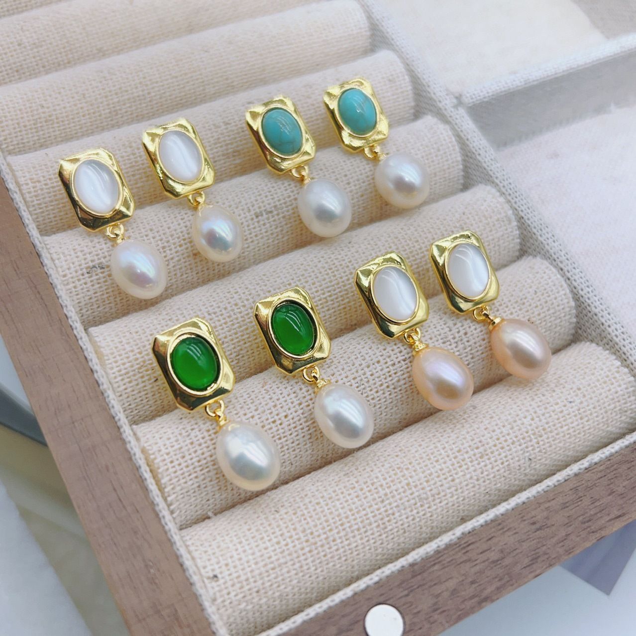 Natural blue turquoise Baroque pearl stud earrings, gold-plated, simple, fashionable and elegant women's pearl necklace detail image 9