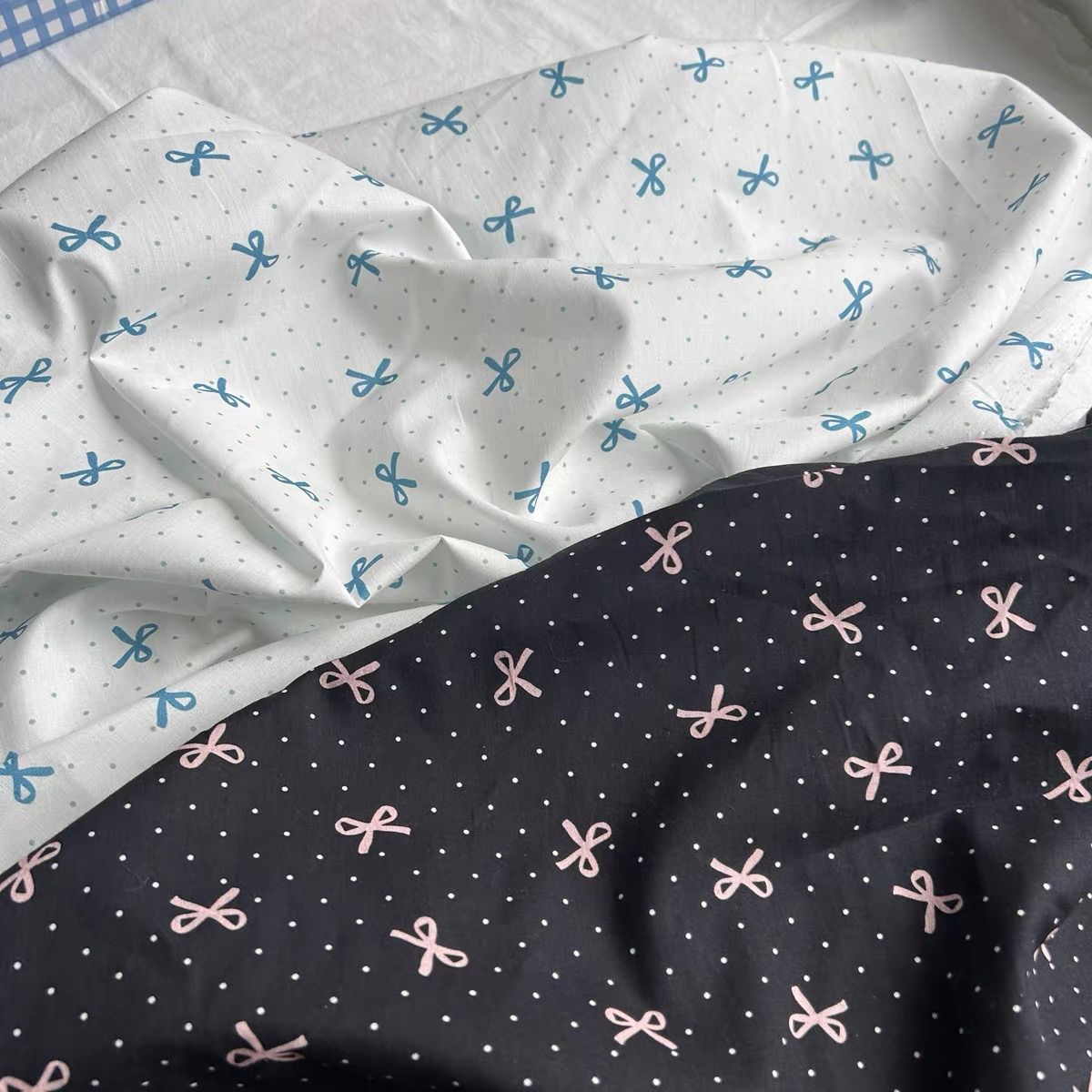 All-cotton, thin Korean-style InS-style dotted bow canvas bag, tablecloth, children's dress, women's shirt Specification image