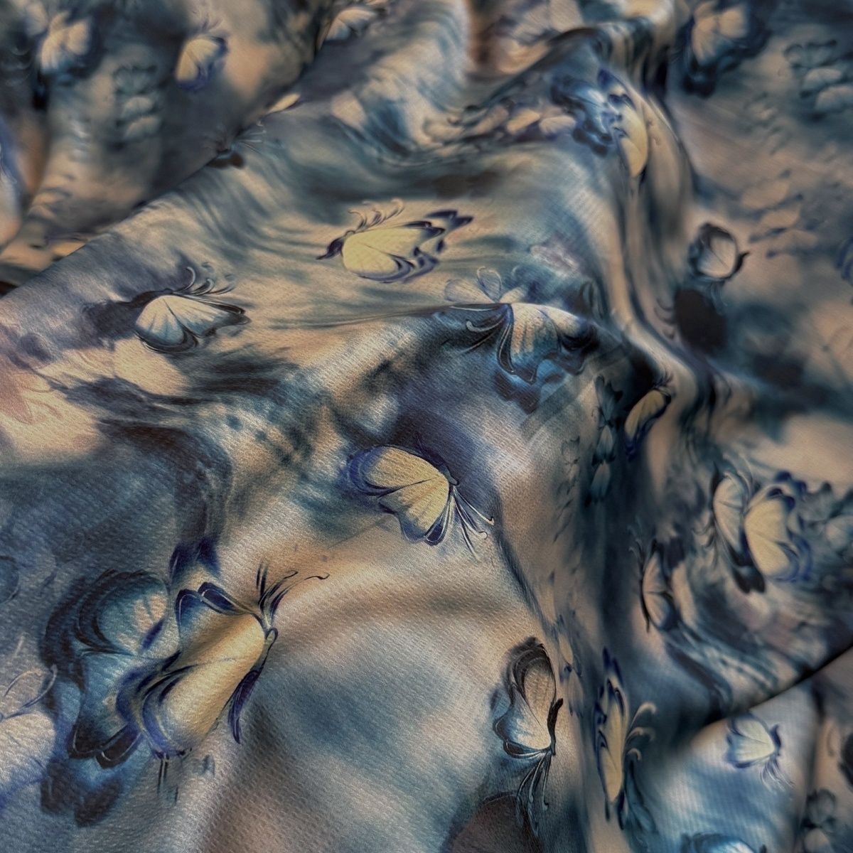 Deep blue butterfly acetic acid blend jacquard double-sided satin fabric, traditional Chinese style cheongsam set, elastic clothing fabric Application Scenario