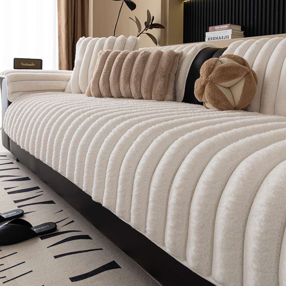 Striped rabbit plush thickened sofa cushion, winter Nordic-style fashionable sofa towel Specification image