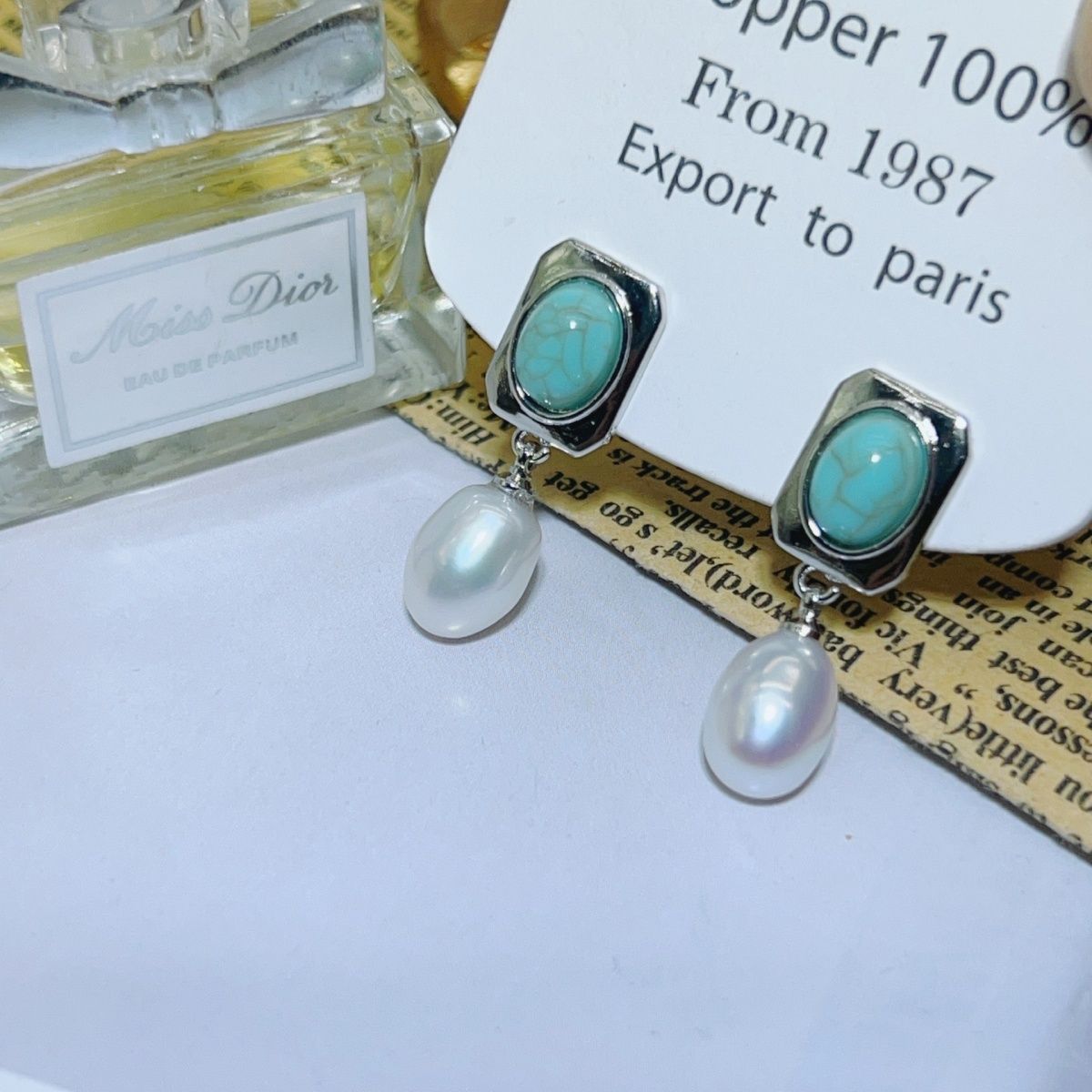 Natural blue turquoise Baroque pearl stud earrings, gold-plated, simple, fashionable and elegant women's pearl necklace detail image 4