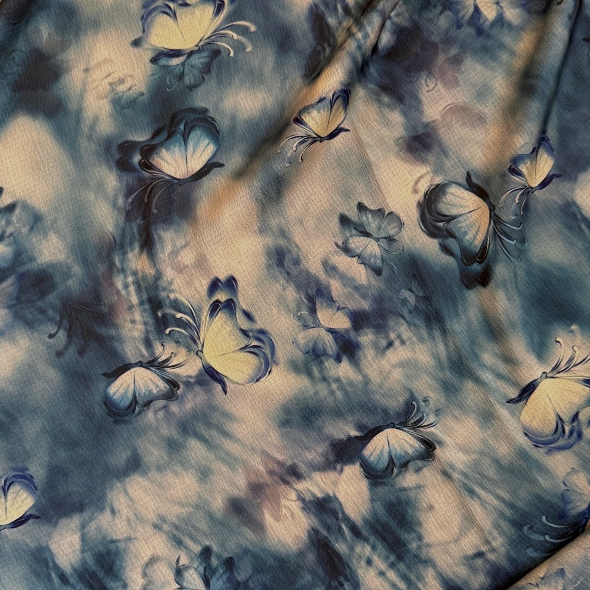 Deep blue butterfly acetic acid blend jacquard double-sided satin fabric, traditional Chinese style cheongsam set, elastic clothing fabric details Picture
