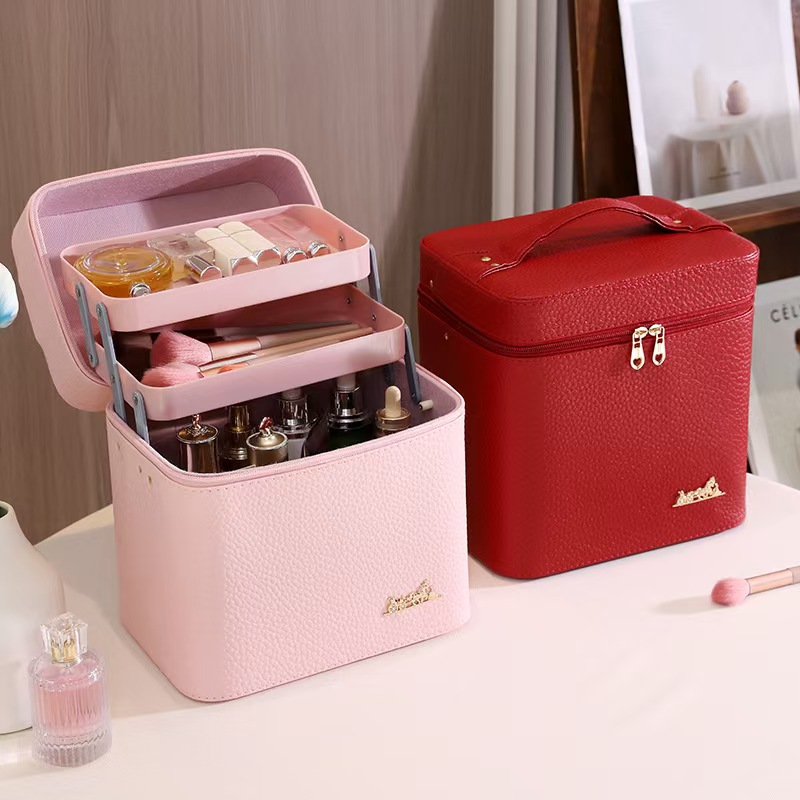 2025时尚简约新款便捷手提PU皮荔枝纹化妆包多功能护肤品立体收纳盒防尘全能收纳时尚便携三层款化妆箱