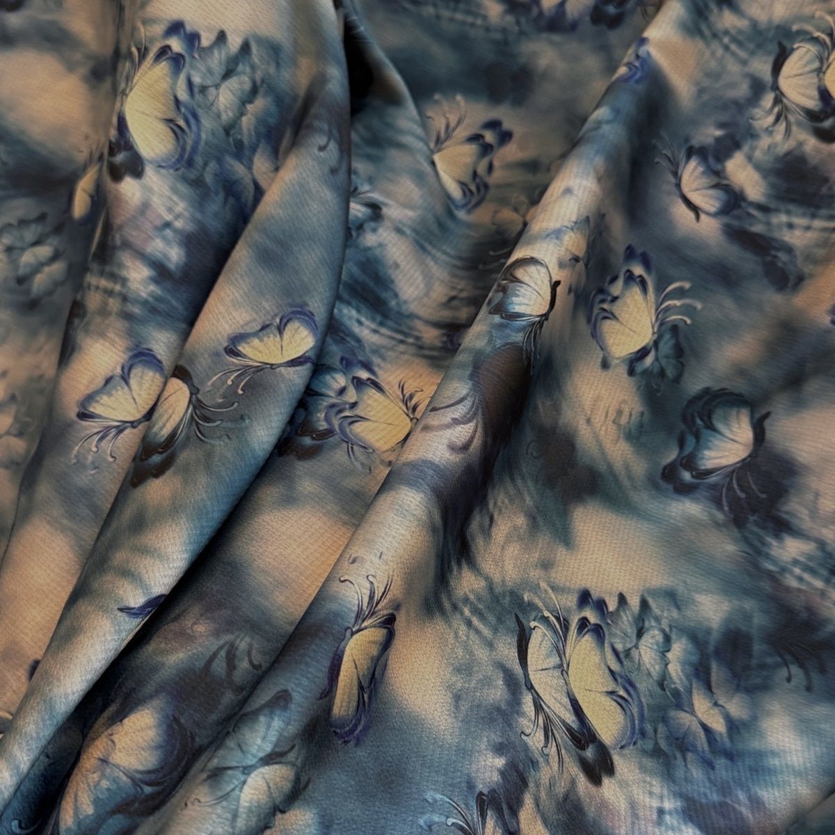 Deep blue butterfly acetic acid blend jacquard double-sided satin fabric, traditional Chinese style cheongsam set, elastic clothing fabric Item Picture