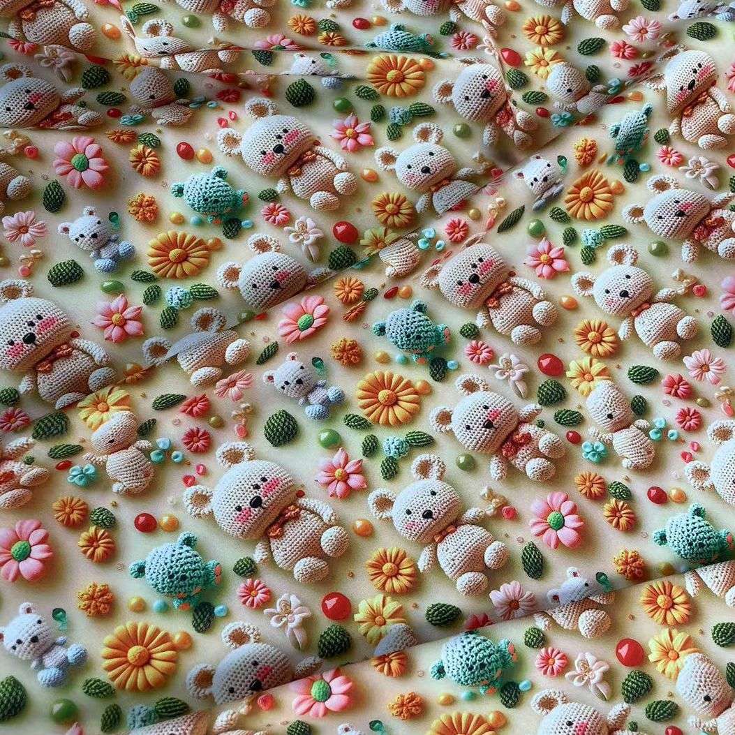 数码印花卡通4D立体小熊图案四面弹布料diy娃娃衣服宝宝裙子面料产品图