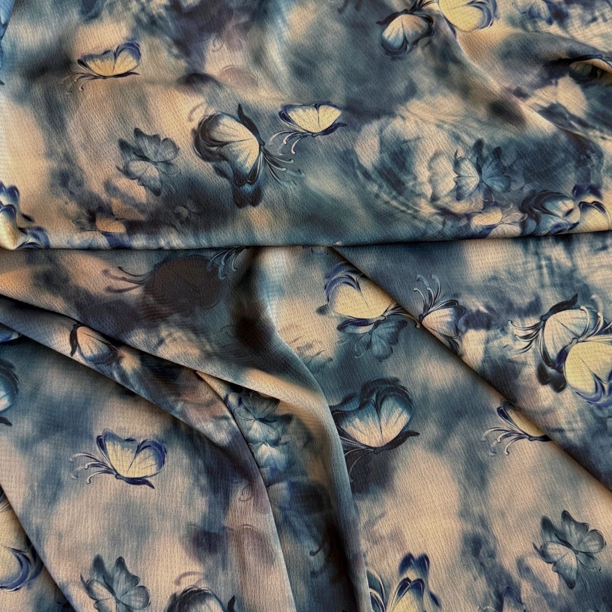 Deep blue butterfly acetic acid blend jacquard double-sided satin fabric, traditional Chinese style cheongsam set, elastic clothing fabric Specification image