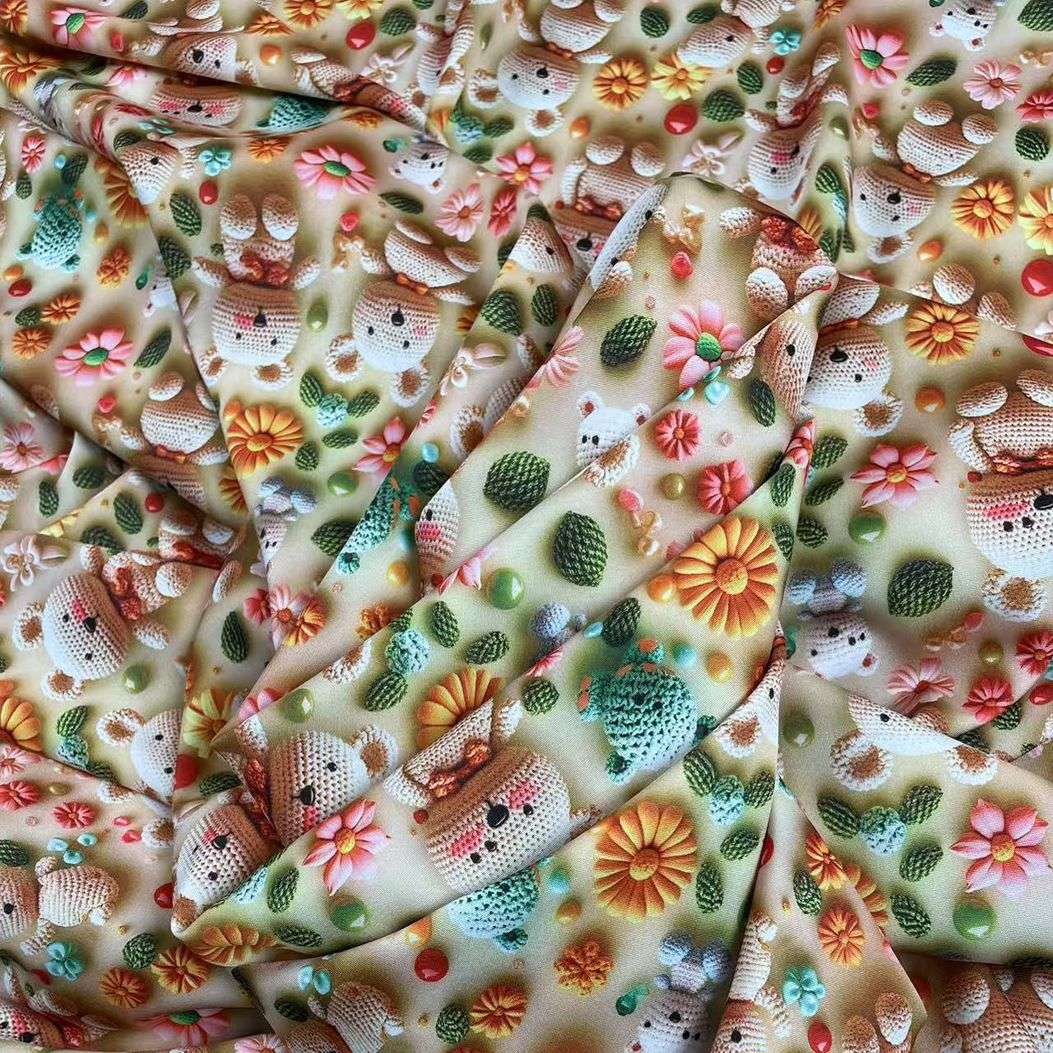 数码印花卡通4D立体小熊图案四面弹布料diy娃娃衣服宝宝裙子面料细节图