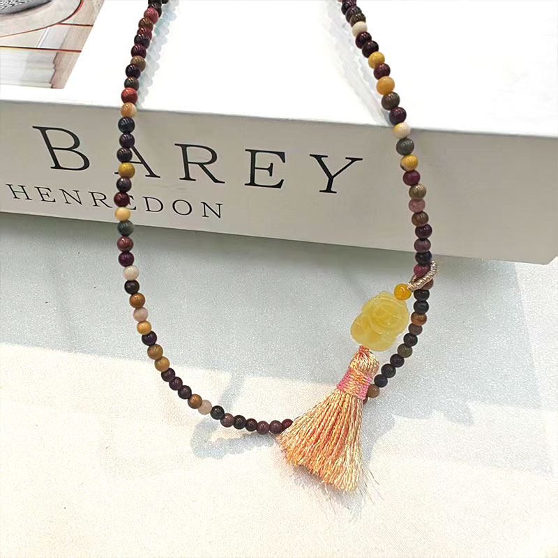 天然蛋黄石串珠项链，搭配蜜蜡流苏吊坠图