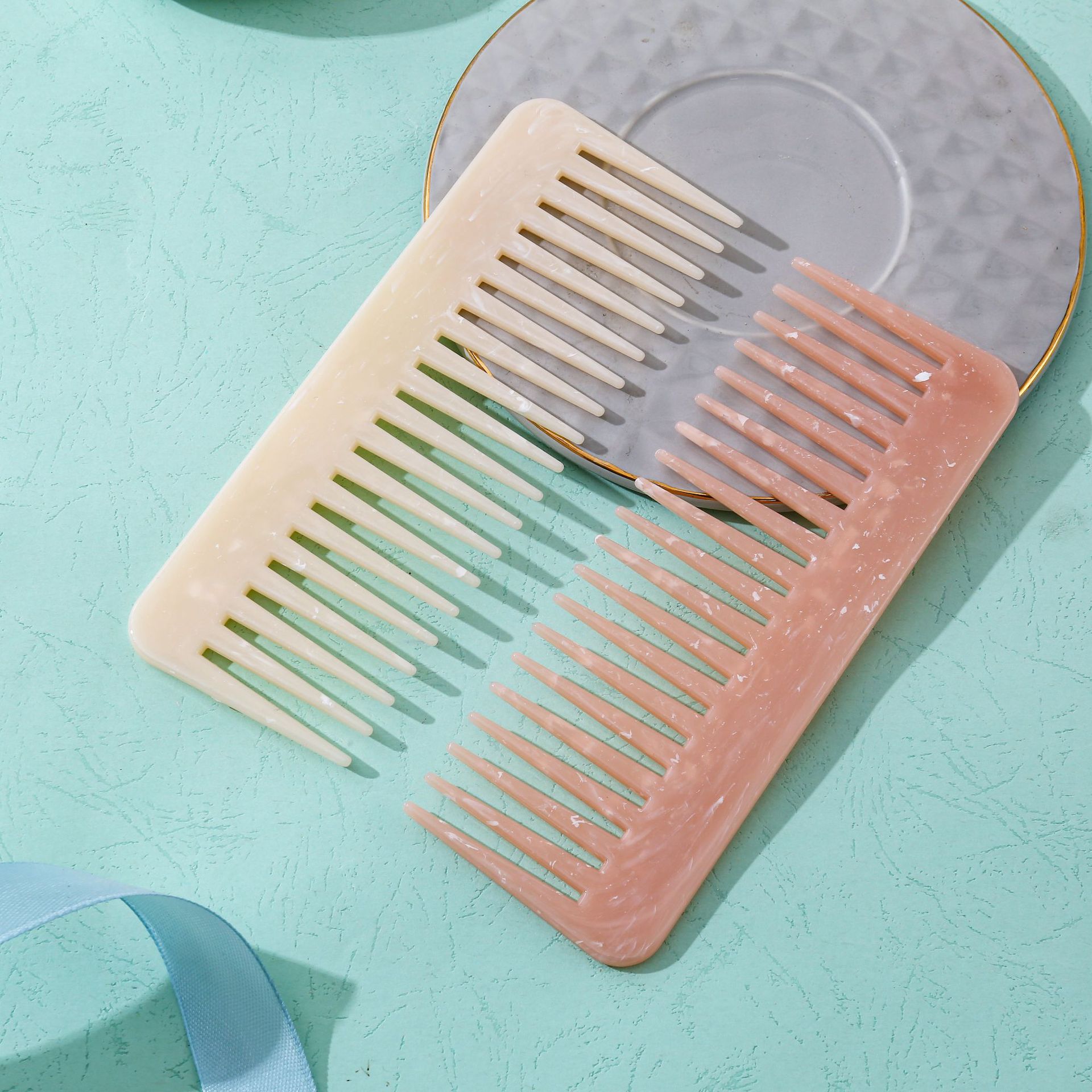 Baihe Marble-patterned wide-toothed comb, hair smoothing and massage comb, anti-static comb for straightening and perming, suitable for wet use, hair protection without damage, flat comb details Picture