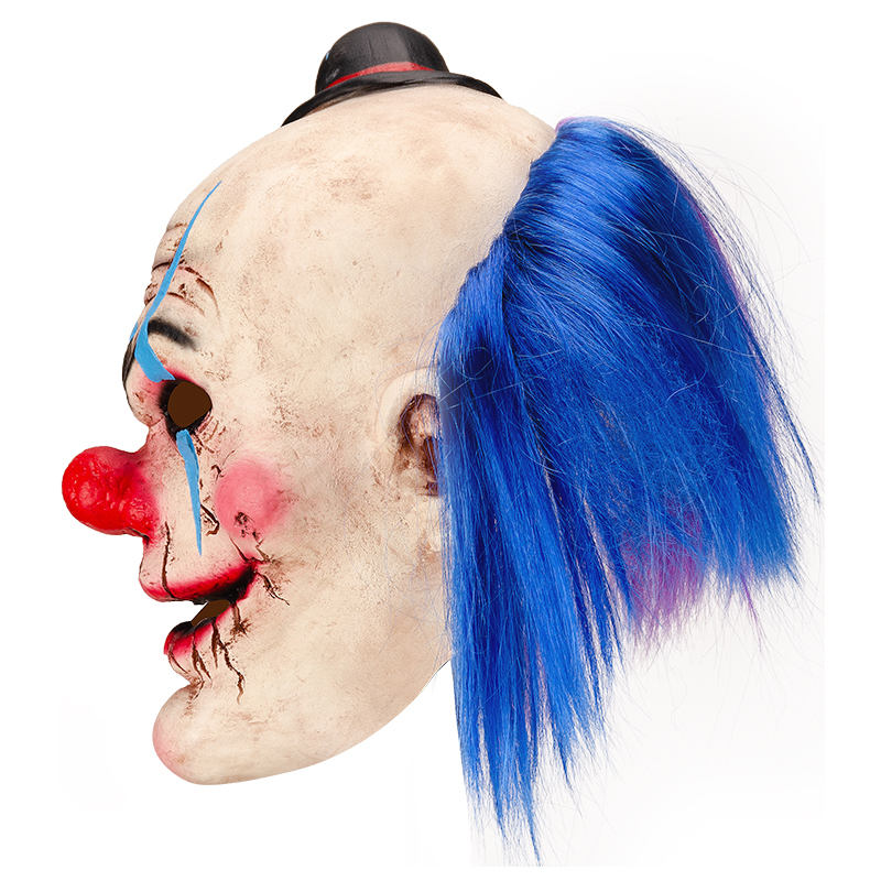 A terrifying clown mask with purple and blue double ponytails and cracked makeup, a strange smile, and a Halloween horror hotspot Specification image
