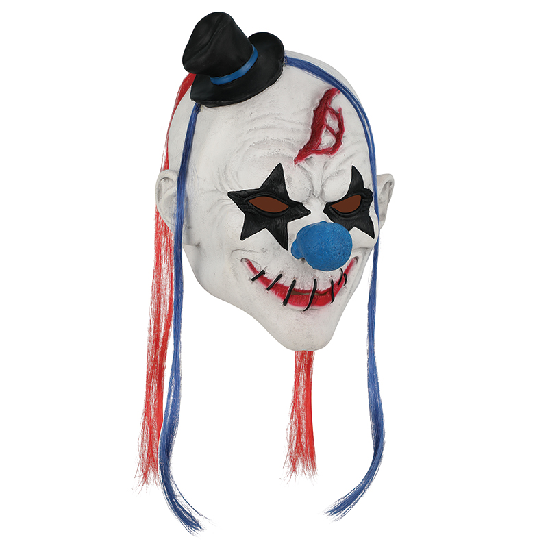 Horror clown mask, red and blue hair, black top hat, strange smile, Halloween horror costume Item Picture