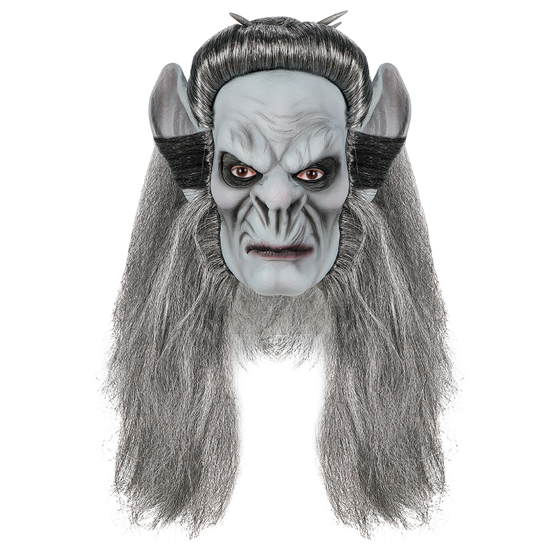 The terrifying demon mask with grey hair, pointed ears and a hideous face is a popular Halloween costume