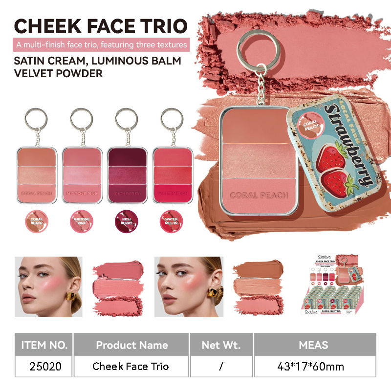 This multi-functional blush tray is a trio of facial beauty and multi-effect facial care products. One tray contains three types of matte blush, pearl blush, fragrance-free and animal-tested blush sets Specification image