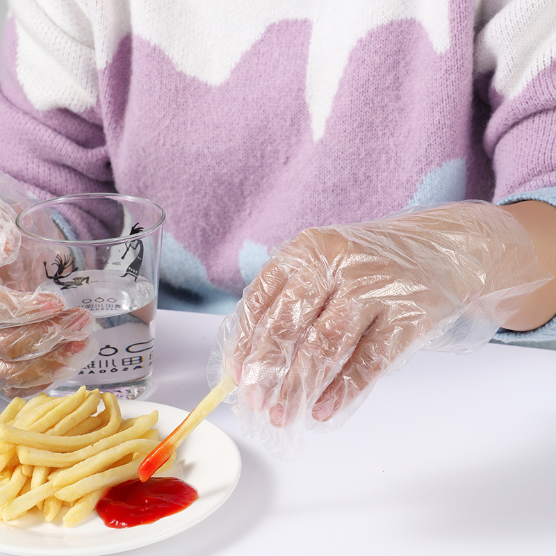 Transparent PE film disposable gloves, hotel kitchen takeout catering lobster food-grade oil-resistant plastic film gloves Item Picture