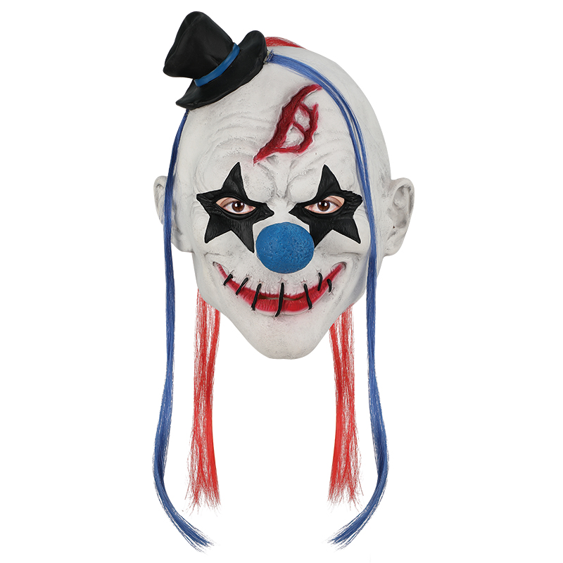 Horror clown mask, red and blue hair, black top hat, strange smile, Halloween horror costume