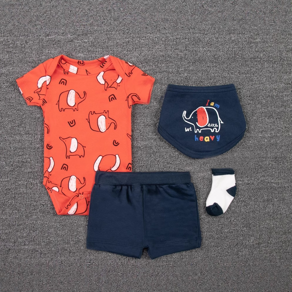 European and American foreign trade children's clothing four-piece set, children's shorts, saliva socks, baby one-piece suit, crawling suit set, children's summer style Specification image