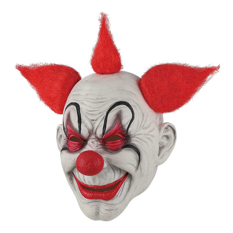 A terrifying clown mask with red fur and an exaggerated smile, a thrilling Halloween costume Specification image