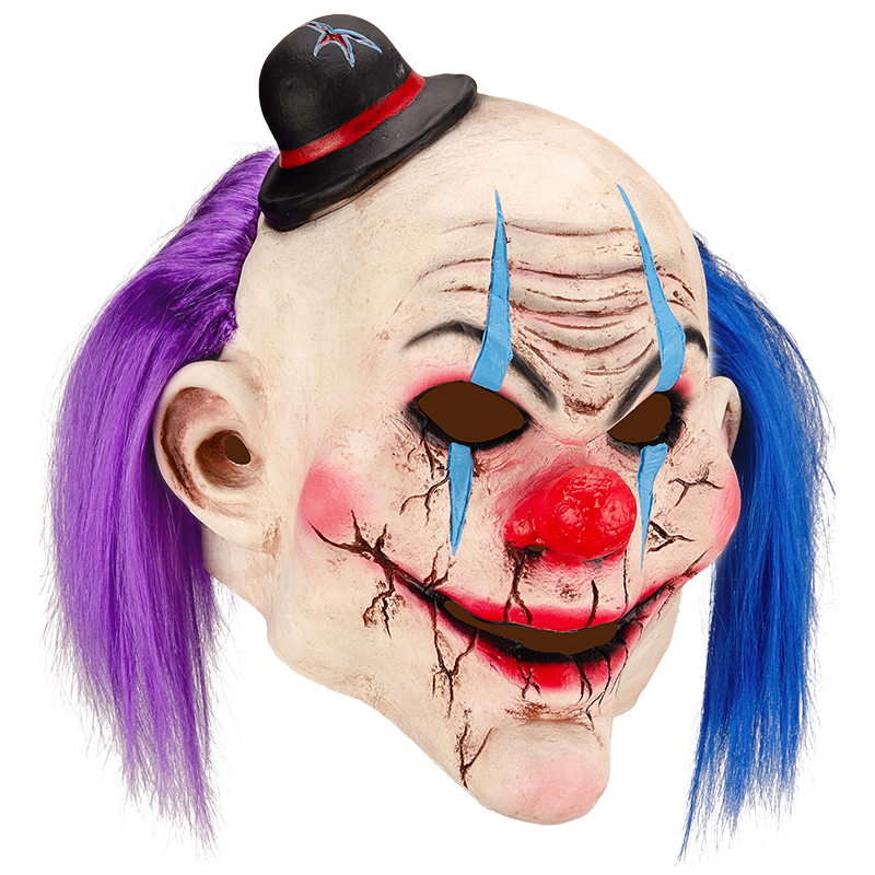 A terrifying clown mask with purple and blue double ponytails and cracked makeup, a strange smile, and a Halloween horror hotspot Application Scenario
