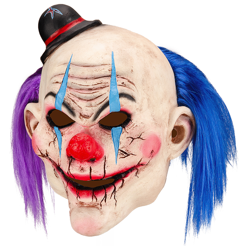 A terrifying clown mask with purple and blue double ponytails and cracked makeup, a strange smile, and a Halloween horror hotspot details Picture
