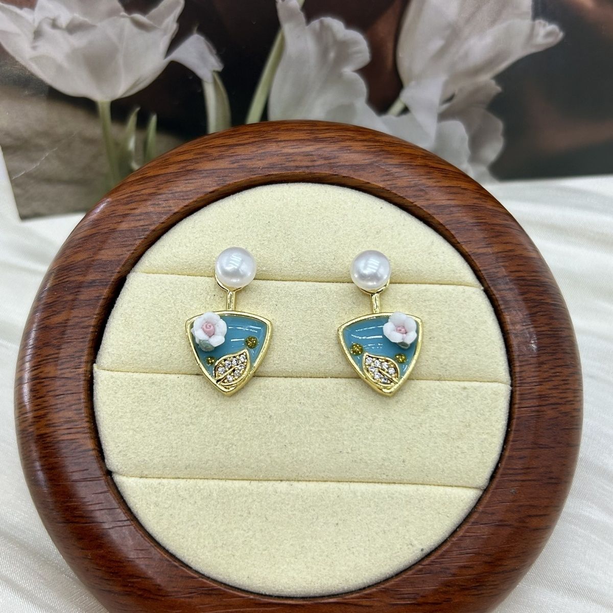 油画国风天然淡水珍珠新中式个性花朵珐琅滴油耳钉两戴用款珍珠项链首饰项链