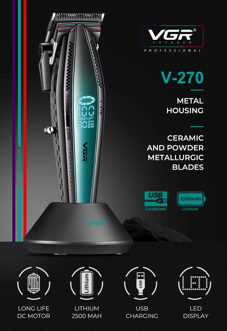 VGR270 LCD display oil head high-speed professional electric clipper USB with base charging hair salon home hair clipper pic 1