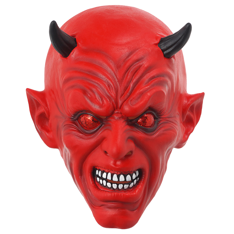 Red devil mask, with sharp horns and red eyes, terrifying and ferocious, a popular Halloween prop.