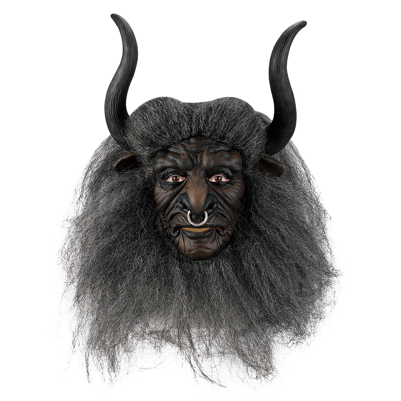 The mysterious Bull Demon king mask, with long black hair and curved nose rings, is eerie and awe-inspiring