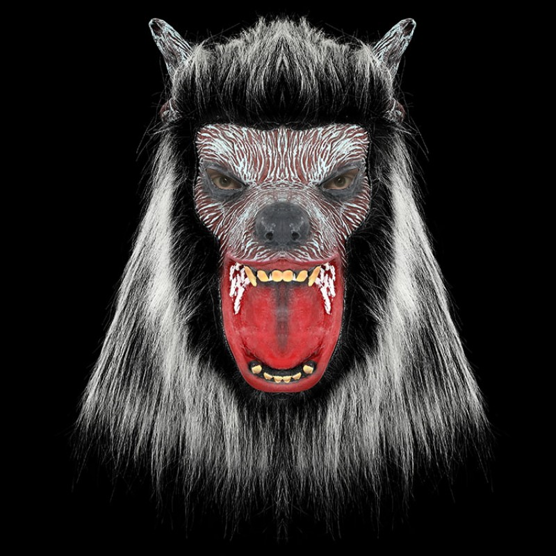 Black Wolf head roars, red lips and sharp teeth create a visually stunning mysterious biological art