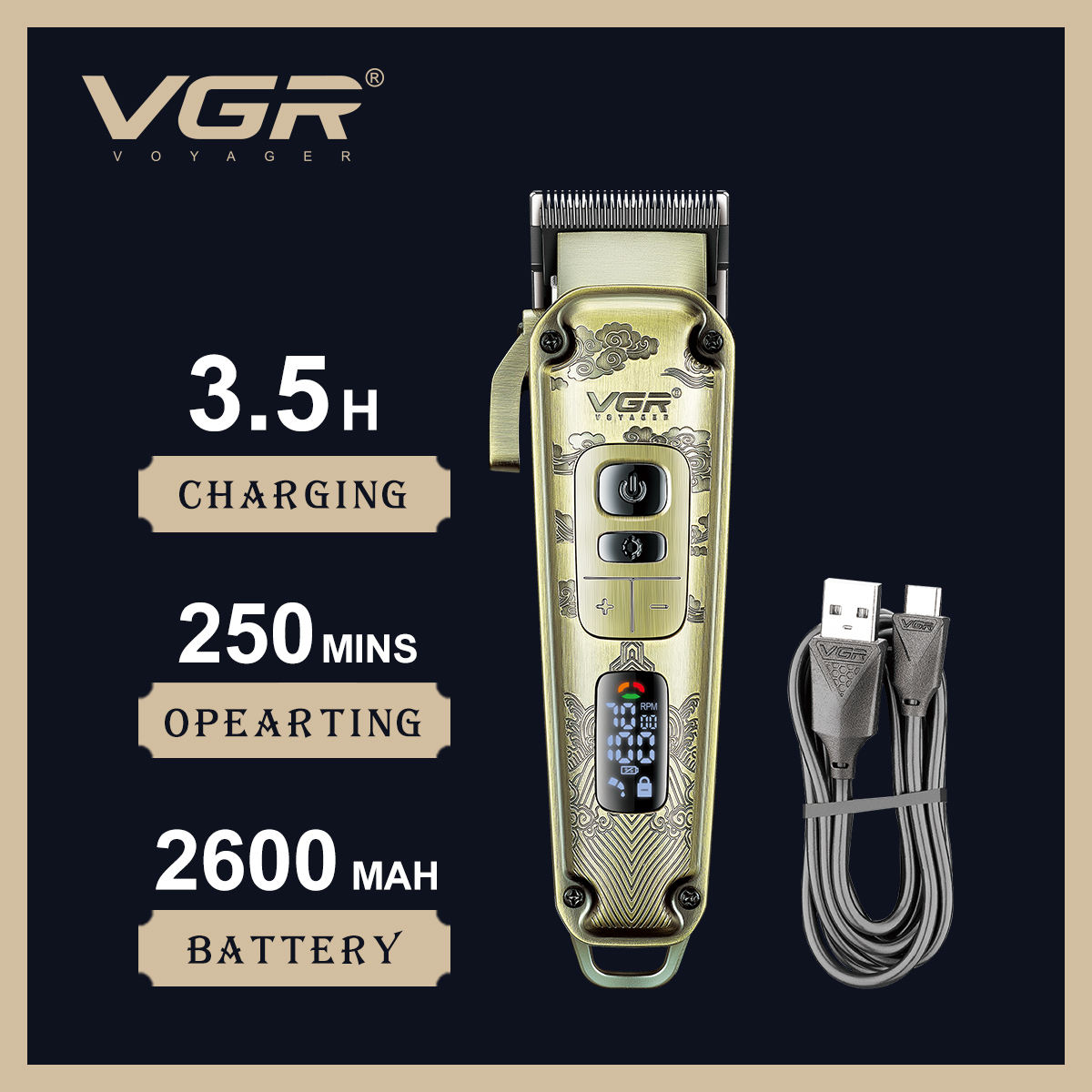 VGR Woji 005 Retro metal LCD display oil head electric clipper USB Hair Salon home Hair Clipper Specification image