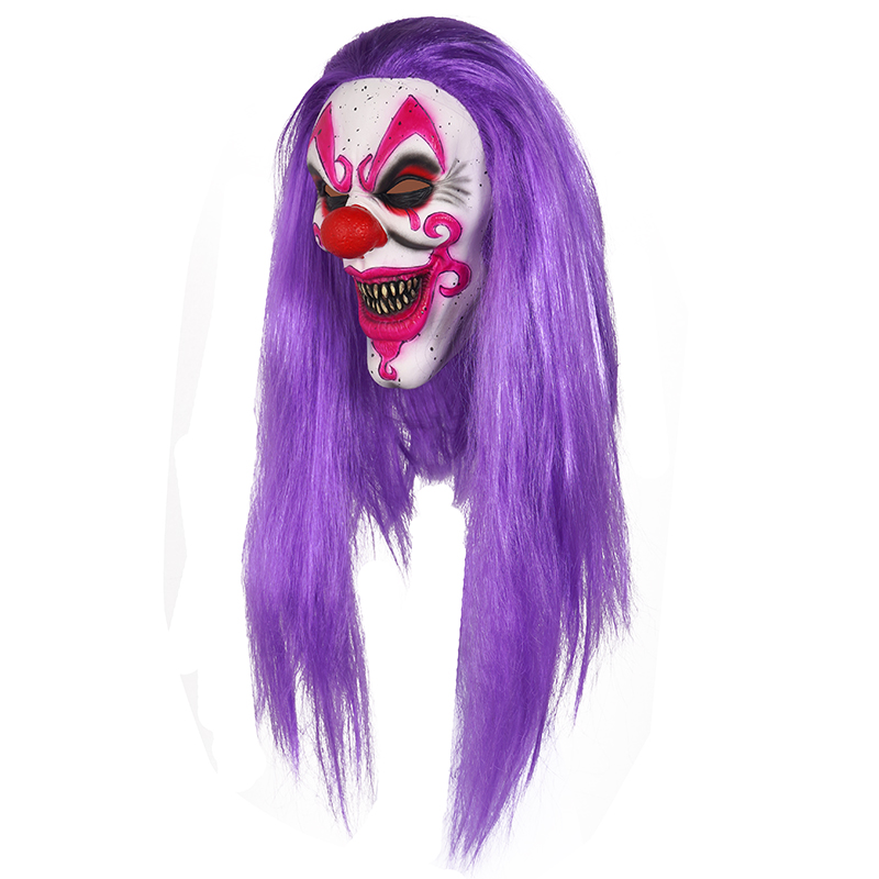 Terrifying clown mask, long purple hair, eerie smile, popular Halloween costume. Specification image