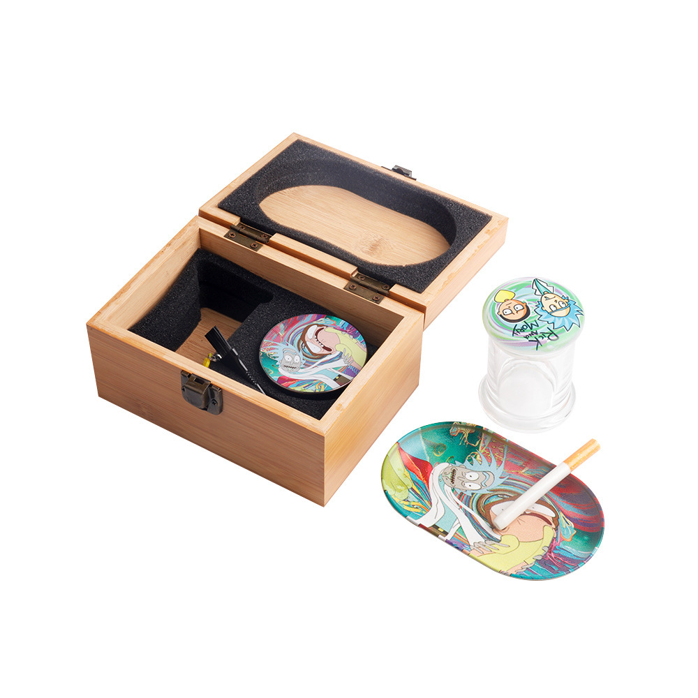 木盒铁盘烟具套装 玻璃保湿罐金属磨烟器可选瑞克莫提图案