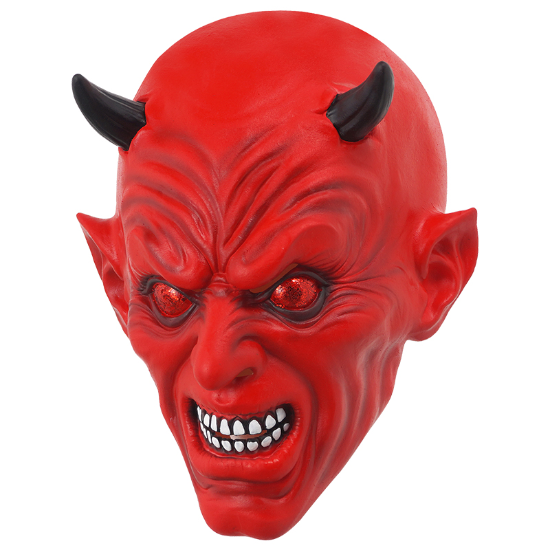 Red devil mask, with sharp horns and red eyes, terrifying and ferocious, a popular Halloween prop. details Picture
