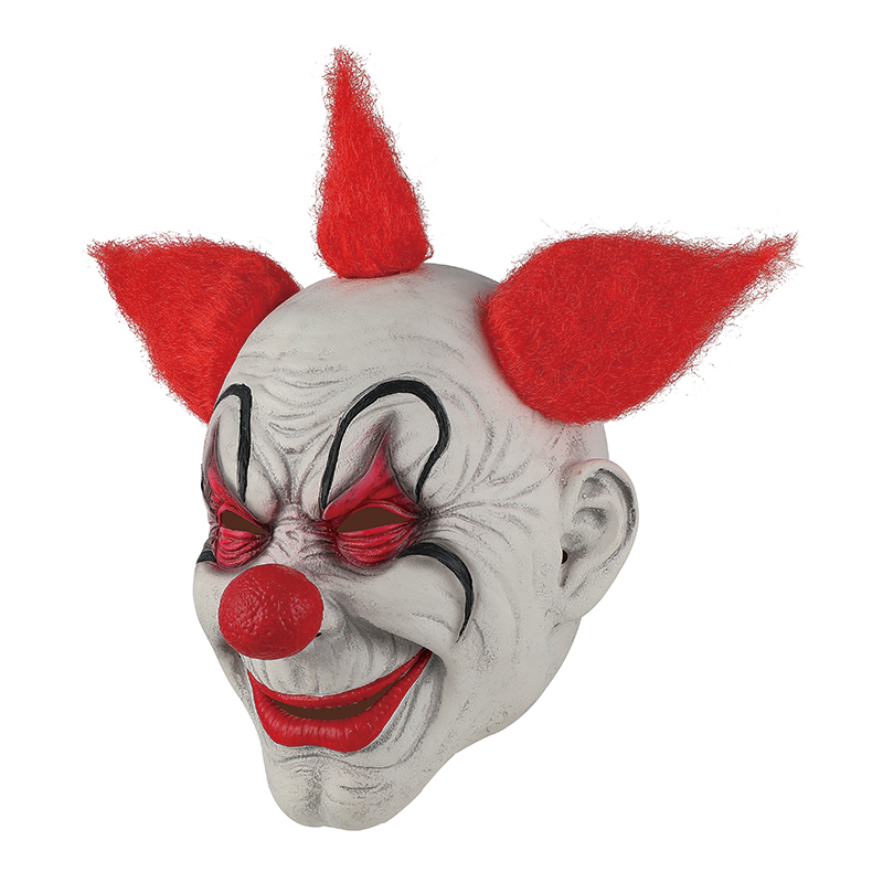 A terrifying clown mask with red fur and an exaggerated smile, a thrilling Halloween costume Application Scenario
