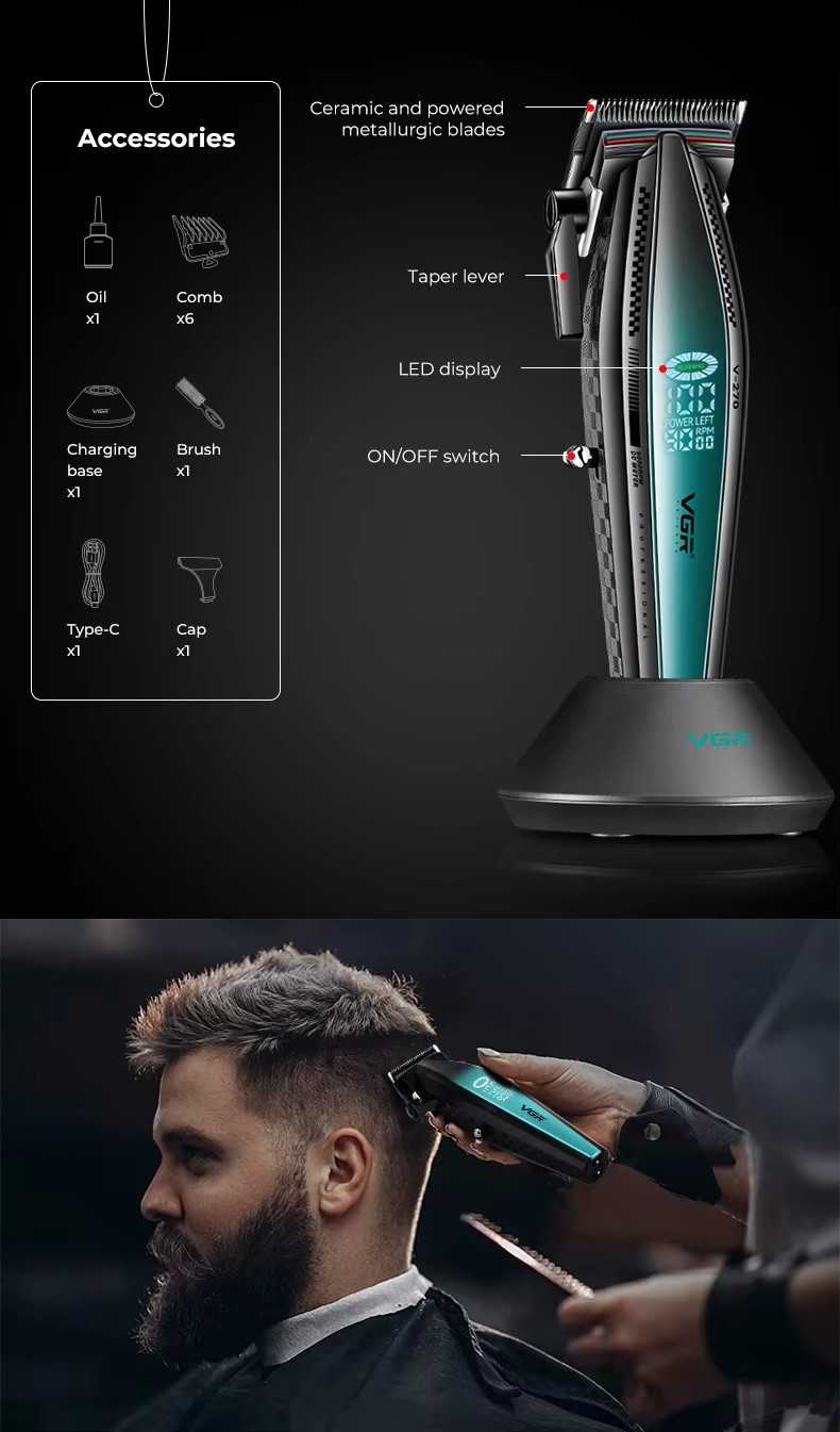 VGR270 LCD display oil head high-speed professional electric clipper USB with base charging hair salon home hair clipper pic 2