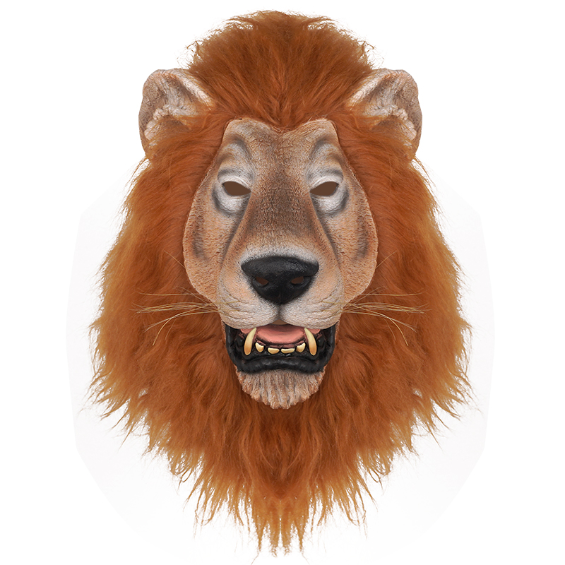 The head of a male lion, with thick mane, is imposing and lifelike.