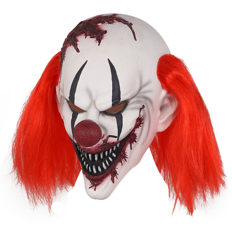The terrifying clown mask, with bloodstains and red hair, is a must-have for Halloween thrillers details Picture