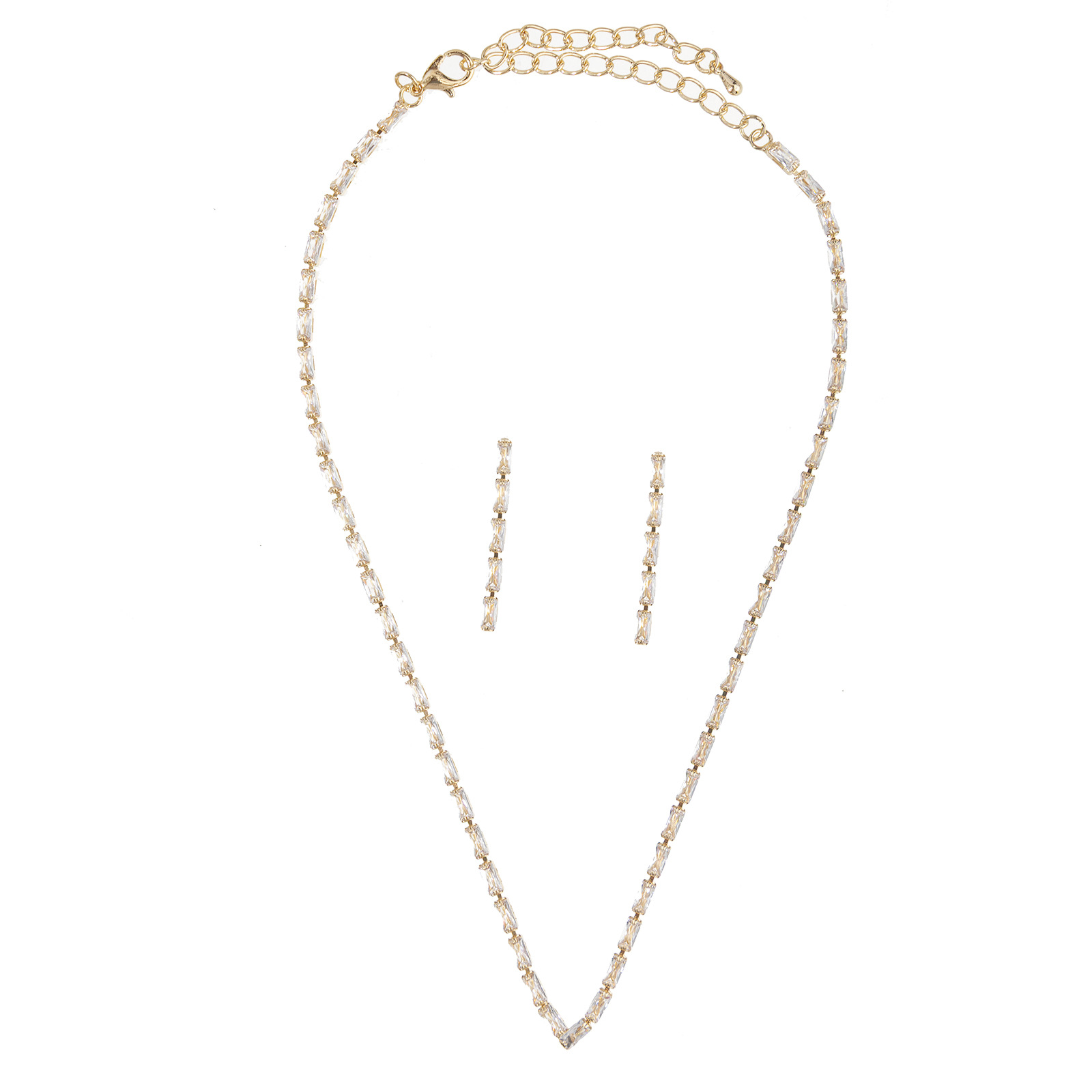 A two-piece set of cross-border European and American rectangular zirconium V-shaped full zirconium necklace and earrings for banquet and party dress accessories with a simple design sense