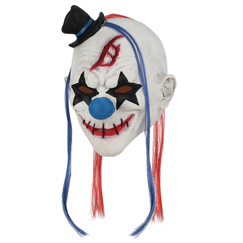 Horror clown mask, red and blue hair, black top hat, strange smile, Halloween horror costume Specification image