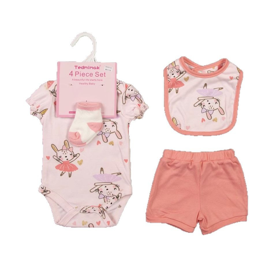 European and American foreign trade children's clothing four-piece set, children's shorts, saliva socks, baby one-piece suit, crawling suit set, children's summer style Item Picture