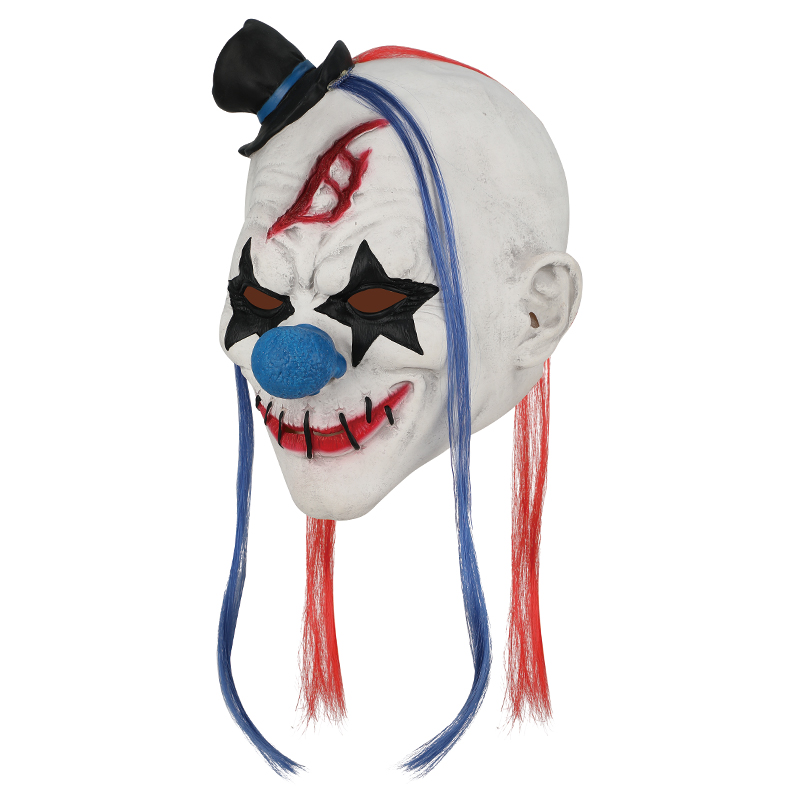 Horror clown mask, red and blue hair, black top hat, strange smile, Halloween horror costume Application Scenario