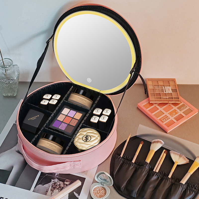 New round LED makeup bag, mirror, adjustable light for business trips and travel, leather cosmetics storage bag, storage box, portable, large-capacity makeup bag details Picture