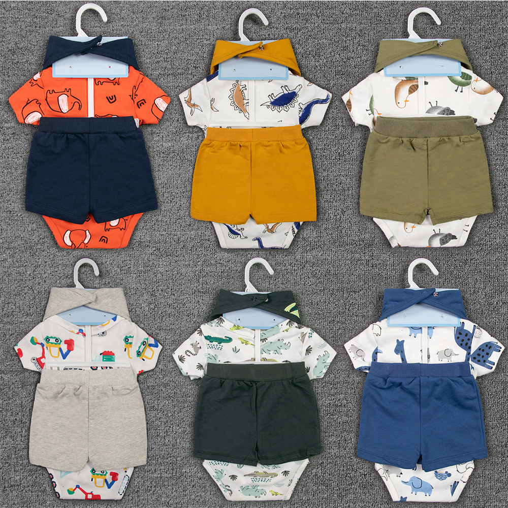 European and American foreign trade children's clothing four-piece set, children's shorts, saliva socks, baby one-piece suit, crawling suit set, children's summer style details Picture